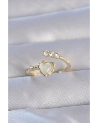 Pirinç Gold Renk Zirkon Taşlı Sedefli Kalp Model Ayarlanabilir Yüzük