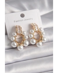 Pirinç Gold Renk Zirkon Taşlı Su Yolu İncili Halka Model Kadın Küpe