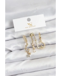 Pirinç Gold Renk Zirkon Taşlı Uzay Model YSX Trio Küpe Seti