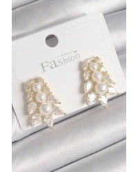 Pirinç Gold Renk Zirkon Taşlı Yaprak Model İnci Detay Kadın Küpe