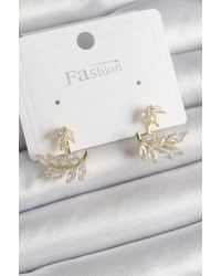 Pirinç Gold Renk Zirkon Taşlı Yaprak Model Kadın Küpe