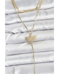 Pirinç Gold Renk Zirkon Taşlı Yelpaze Model Detaylı 3lü Kombin Y Kadın Kolye