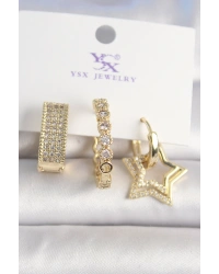 Pirinç Gold Renk Zirkon Taşlı Yıldız Figür Halka Model 3Lü Kadın Kombin Küpe