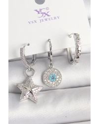 Pirinç Gold Renk Zirkon Taşlı Yıldız Model Nazar Boncuk Detay 3Lü Kadın Kombin Küpe