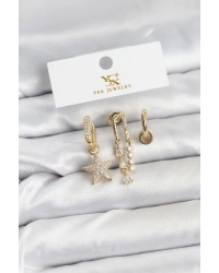 Pirinç Gold Renk Zirkon Taşlı Yıldız Vintage Model YSX Trio Küpe Seti