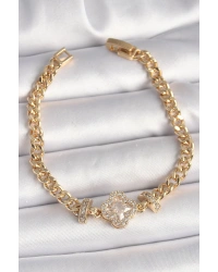 Pirinç Gold Renk Zirkon Taşlı Yonca Figür Zincir Model Kadın Bileklik