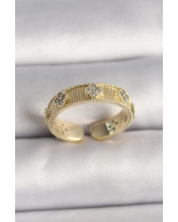 Pirinç Gold Renk Zirkon Taşlı Yonca İşlemeli Ayarlanabilir Yüzük