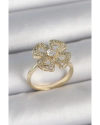 Pirinç Gold Renk Zirkon Taşlı Yonca Model Ayarlanabilir Kadın Yüzük