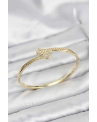 Pirinç Gold Renk Zirkon Taşlı Yonca Model Kadın Kelepçe Bileklik