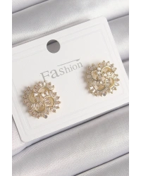 Pirinç Gold Renk Zirkon Taşlı Yonca Model Kadın Küpe