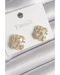 Pirinç Gold Renk Zirkon Taşlı Yonca Model Kadın Küpe