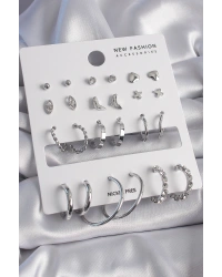 Pirinç Gümüş Renk 12 Çift Kadın Küpe Seti