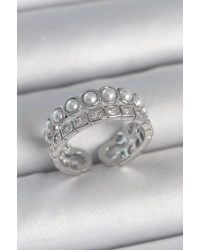 Pirinç Gümüş Renk 2Li Sıra Zirkon Taşlı Ve İncili Ayarlanabilir Kadın Yüzük