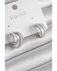 Pirinç Gümüş Renk 2Li Zirkon Taşlı Halka Model Kadın Küpe