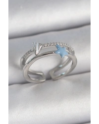 Pirinç Gümüş Renk 2Li Zirkon Taşlı Mavi Yıldız Figür Ayarlanabilir Kadın Yüzük