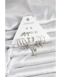 Pirinç Gümüş Renk 6lı Kadın Küpe Seti