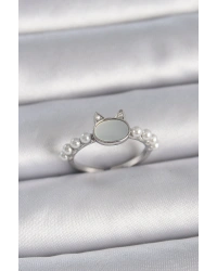 Pirinç Gümüş Renk Ayarlanabilir Beyaz Mineli Kedi Model İnci Detay Kadın Yüzük