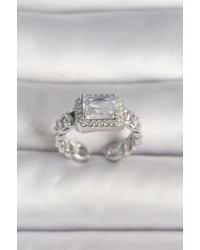 Pirinç Gümüş Renk Ayarlanabilir Zincir Kare Zirkon Taşlı Kadın Yüzük