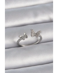 Pirinç Gümüş Renk Ayarlanabilir Zirkon Taşlı Kelebek Model Kadın Yüzük