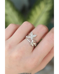 Pirinç Gümüş Renk Ayarlanabilir Zirkon Taşlı Kelebek Yüzük