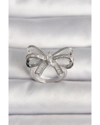 Pirinç Gümüş Renk Ayarlanabilir Zirkon Taşlı Kurdele Model Kadın Yüzük