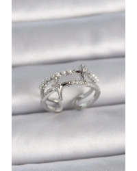 Pirinç Gümüş Renk Ayarlanabilir Zirkon Taşlı Kutup Yıldız İnci Detay Kadın Yüzük