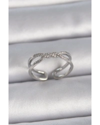 Pirinç Gümüş Renk Ayarlanabilir Zirkon Taşlı Sarmal Model Kadın Yüzük