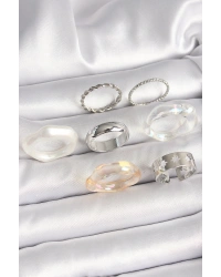 Pirinç Gümüş Renk Beyaz Akrilik Plastik Model Kutup Yıldız İşleme Detaylı Kadın Yüzük Kombini