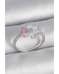 Pirinç Gümüş Renk Beyaz Mineli Pembe Zirkon Taşlı Çiçek Model Kadın Yüzük