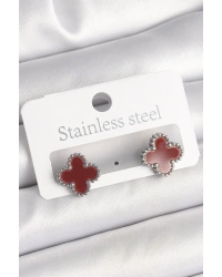 Pirinç Gümüş Renk Bordo Yonca Model Kadın Küpe