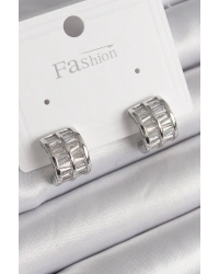 Pirinç Gümüş Renk Çift Sıra Zirkon Taşlı Kadın Küpe