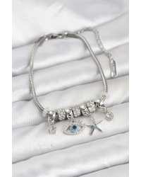 Pirinç Gümüş Renk Göz Model Charmlı Kadın Bileklik