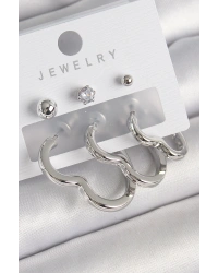 Pirinç Gümüş Renk Kalp Model Zirkon Taş Topçuk Detay Kadın Küpe Seti