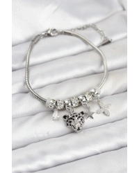 Pirinç Gümüş Renk Kaplan Model Charmlı Kadın Bileklik