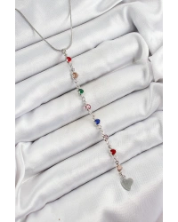 Pirinç Gümüş Renk Karışık Renk Zirkon Taşlı Kalpli Y Kadın Kolye