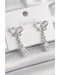 Pirinç Gümüş Renk Kelebek Model Sallantı Damla Zirkon Taşlı Kadın Küpe