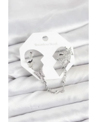 Pirinç Gümüş Renk Kelebek Model Zincir Bağlantılı Ear Cuff Küpe Seti