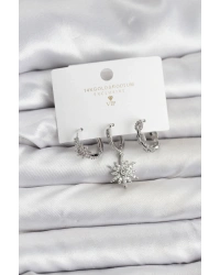 Pirinç Gümüş Renk Kutup Yıldızı Model 3lü Kadın Küpe Seti