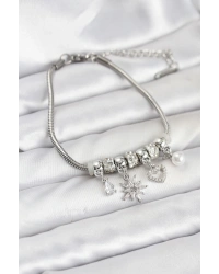 Pirinç Gümüş Renk Kutup Yıldızı ve Kalp Charmlı Kadın Bileklik