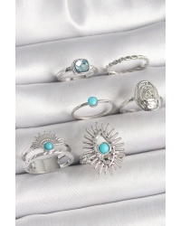 Pirinç Gümüş Renk Mavi Taşlı Kare Zirkon Taş Detaylı Kadın Yüzük Kombini