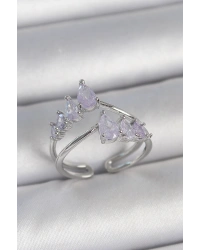 Pirinç Gümüş Renk Mor Damla Zirkon Taşlı Taç Model Kadın Yüzük