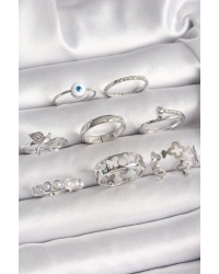 Pirinç Gümüş Renk Nazar Boncuk Detay İncili Kelebek İşlemeli Kadın Yüzük Kombini