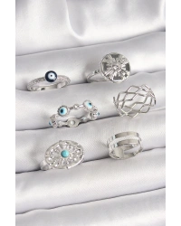 Pirinç Gümüş Renk Nazar Boncuk Zirkon Taş Detaylı Dalga Figür Kadın Yüzük Kombini