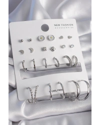 Pirinç Gümüş Renk Papatya Detaylı 12 Çift Kadın Küpe Seti