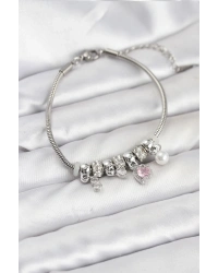 Pirinç Gümüş Renk Pembe Kalp Charmlı Kadın Bileklik