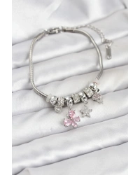 Pirinç Gümüş Renk Pembe Kelebek Charmlı Kadın Bileklik