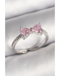 Pirinç Gümüş Renk Pembe Zirkon Taşlı Kalp Fiyonk Model Kadın Yüzük