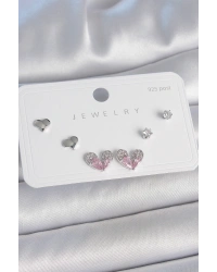 Pirinç Gümüş Renk Pembe Zirkon Taşlı Kalp Model 925 Ayar Gümüş Çivi Kadın Küpe Seti