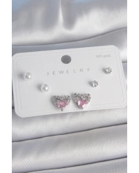 Pirinç Gümüş Renk Pembe Zirkon Taşlı Kalp Model İnci Detay 925 Ayar Gümüş Çivi Kadın Küpe Seti