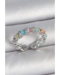 Pirinç Gümüş Renk Renkli Mineli Ayarlanabilir Kadın Yüzük